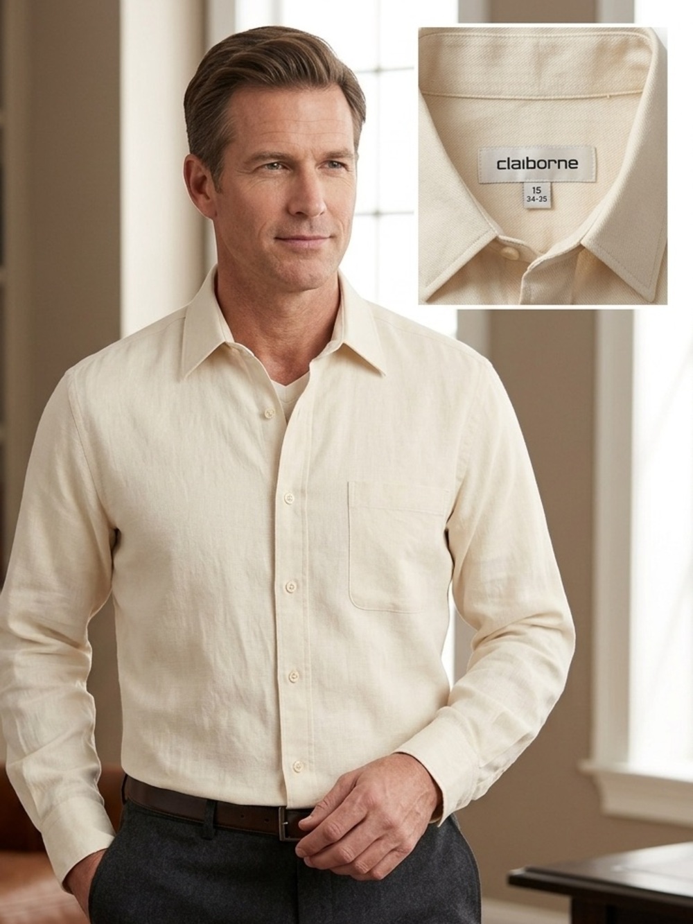 Claiborne Men’s Long-Sleeve Dress Shirt in Light Cream